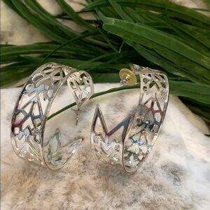 Tribal Cutout Hoop Post Earrings Retro Wide Shiny Silver-Tone Geometric